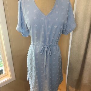 Light Blue V-Neck Midi Dress with Tie Waist